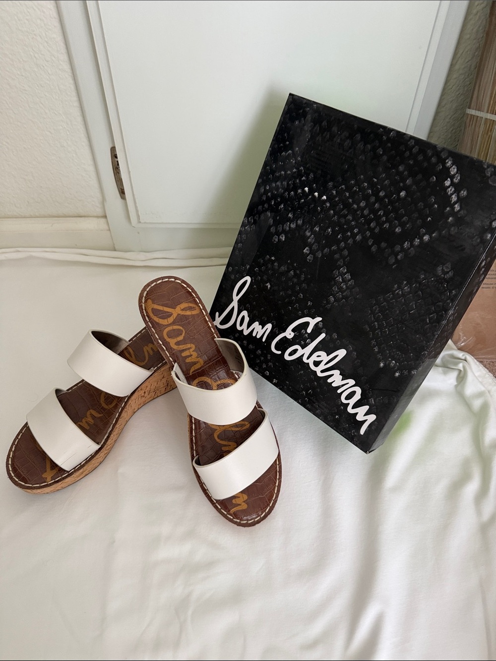 Sam Edelman White Double-Strap Cork Wedges